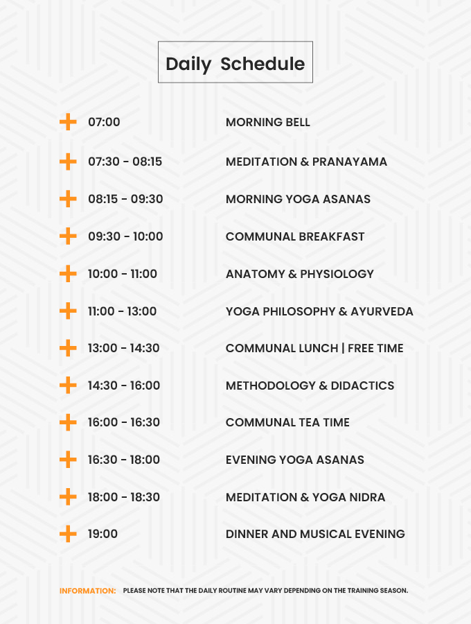 200 Hour Yoga Teacher Training Daily Schedule