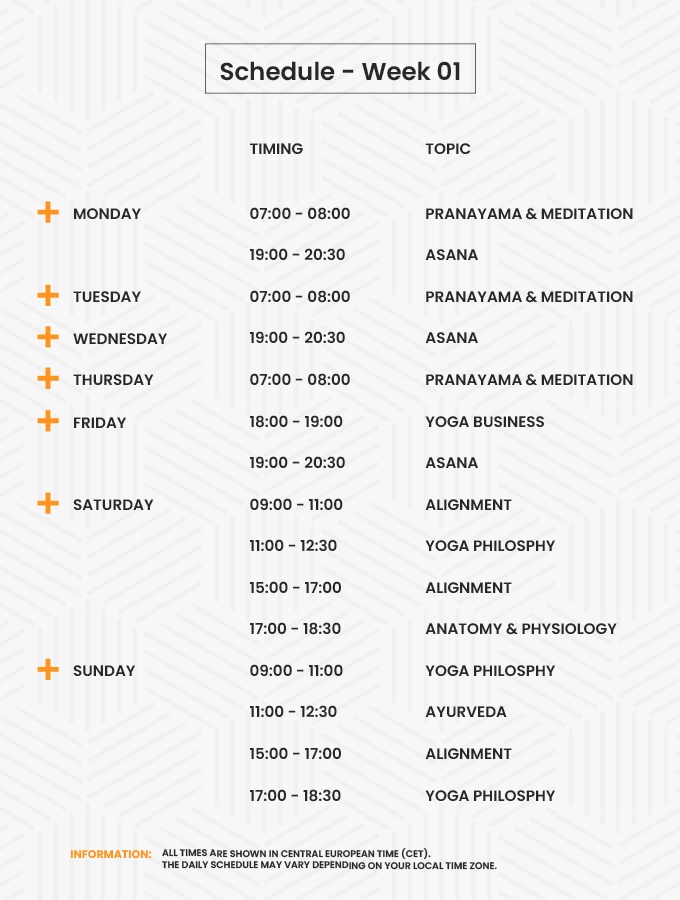 200 Hour Online Yoga Teacher Training - Week 1 Schedule