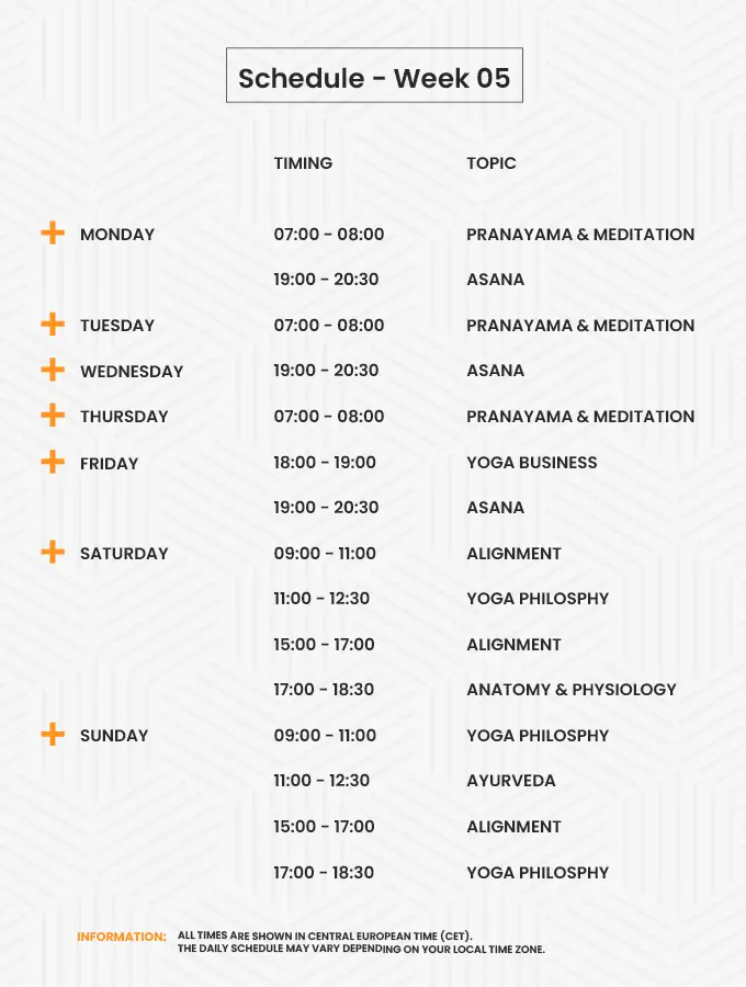 200 Hour Online Yoga Teacher Training - Week 5 Schedule