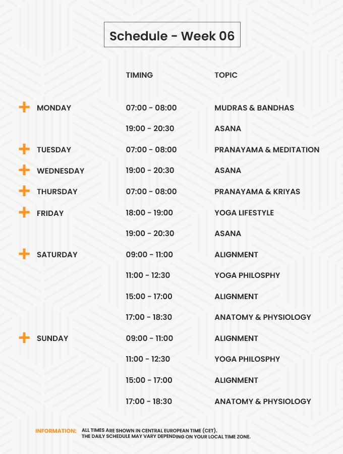 200 Hour Online Yoga Teacher Training - Week 6 Schedule