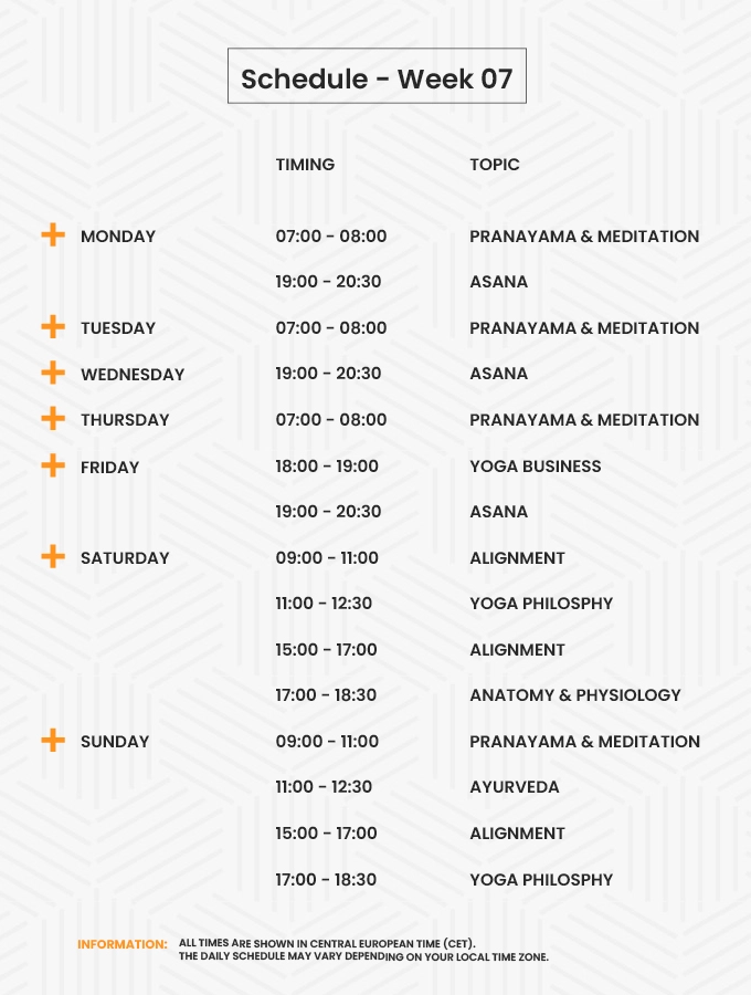 200 Hour Online Yoga Teacher Training - Week 7 Schedule